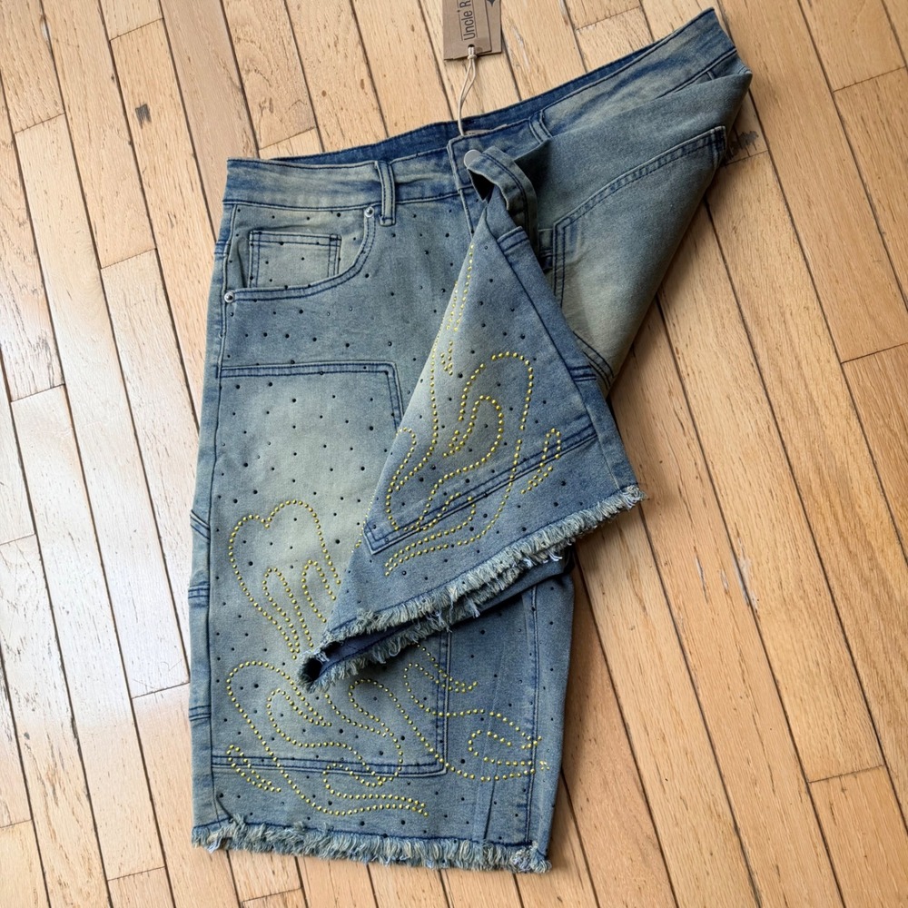 Uncle Ralph Mens Blue Denim Studded Flame Carpenter Shorts Size 32 NWT